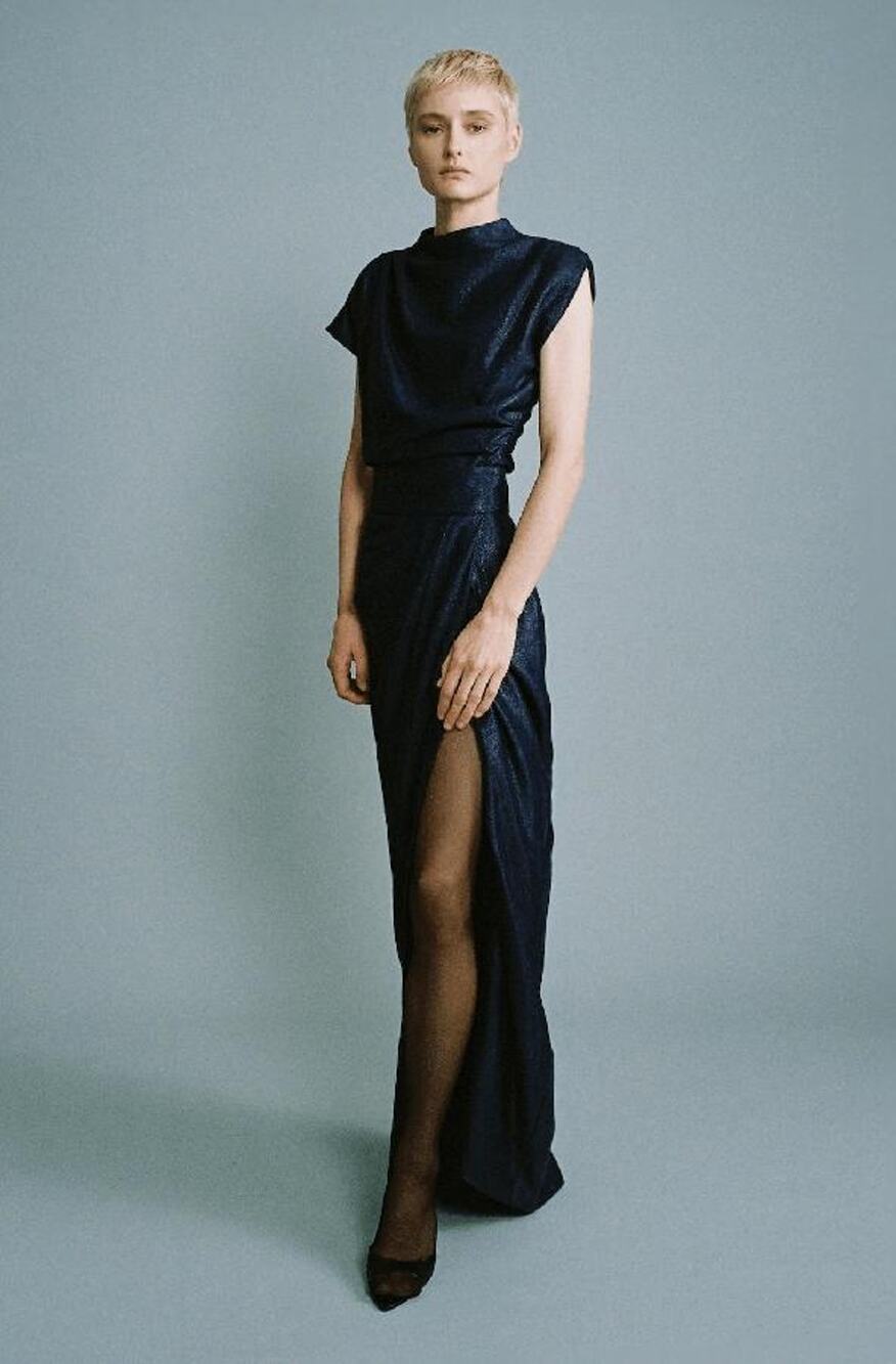SABINA MUSAYEV Jetta Metallic Navy Blue Maxi SKIRT Front Slit XS Wedding Event